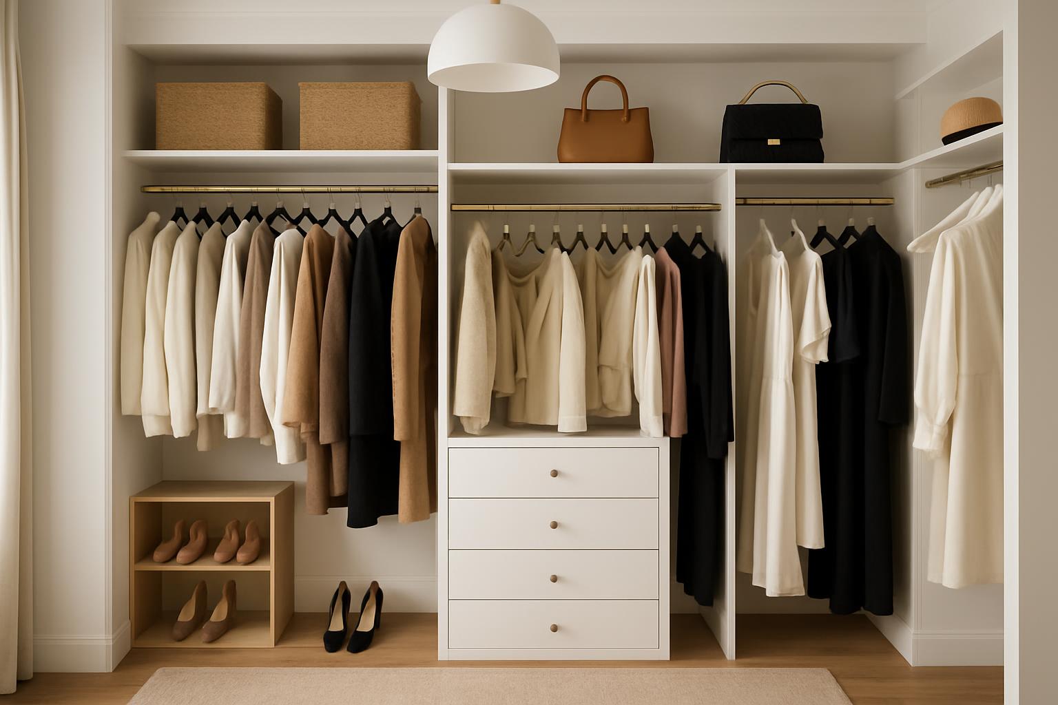 organized, chic women's walk-in wardrobe